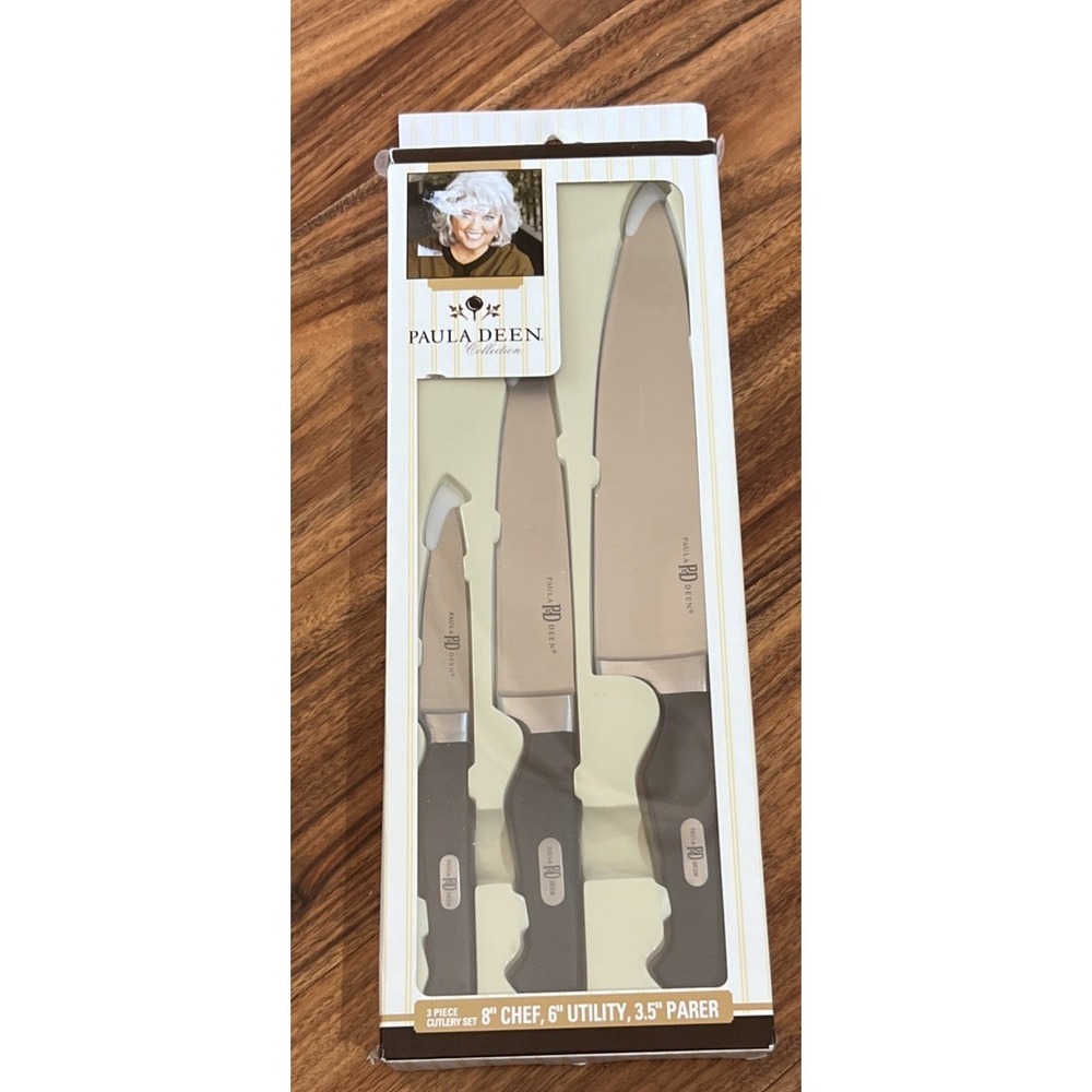 New Paula Deen 3 Pc.  Knife Set 8" Chef 6" Utility 3.5" Parer Black Handles